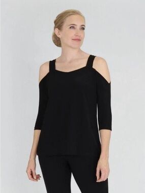 SYMPLI Black Classic Cold-Shoulder 3/4 Sleeve Top